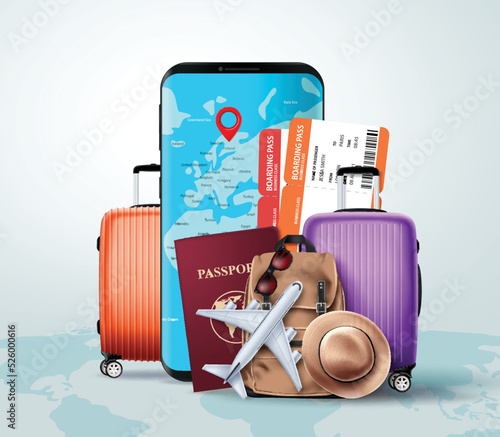 Travel elements vector concept design. Travelers luggage, phone, passport and mobile phone for international vacation trip. Vector Illustration.   