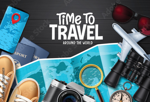Travel time vector background design. Time to travel around the world text in wooden space with travelers elements for fun and enjoy international trip. Vector Illustration.