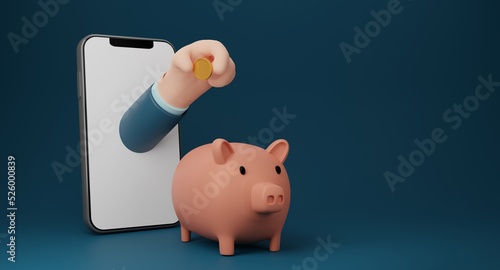 hans of business from smartphone holding gold coins with piggyBank.money-saving.Mock up empty screen copy space Isolate background.3D rendering illustration.