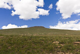 Landscape green mountain on blue sky background with white clouds, clean, windows xp style wallpaper