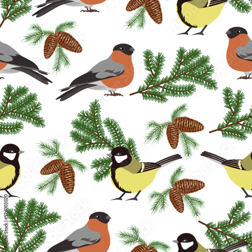Christmas, seamless pattern of a bullfinch and a tit, a fir branch,cones on a white background.Vector festive pattern can be used in Christmas designs.