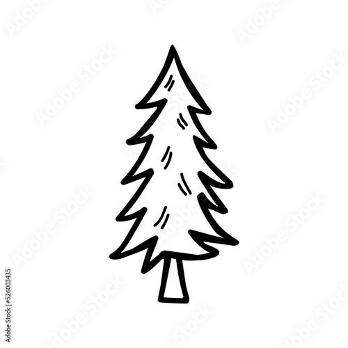 Christmas tree in kids doodle style. Coloring book for kids. Contour drawing.