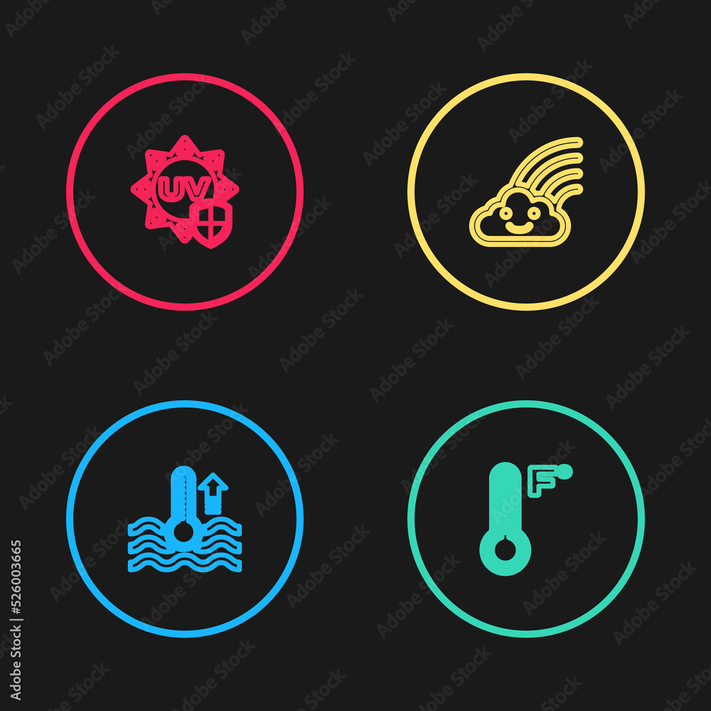 Set line Water thermometer, Meteorology, Rainbow with cloud and UV protection icon. Vector Set line Water thermometer, Meteorology, Rainbow with cloud and UV protection icon. Vector