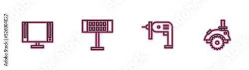 Set line Smart Tv, Electric drill machine, heater and circular saw icon. Vector