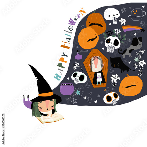 Cute Little Witch reading Book and dreaming about Halloween