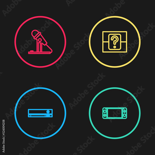 Set line Video game console, Portable video, Mystery random box and Microphone icon. Vector