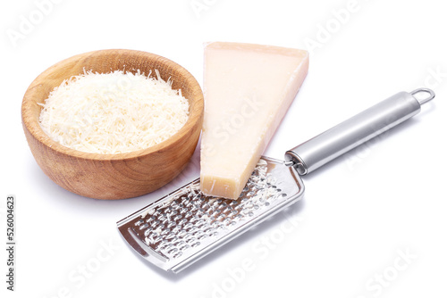 Canvas Print grated Parmesan cheese in wooden bowl and grater isolated on white background