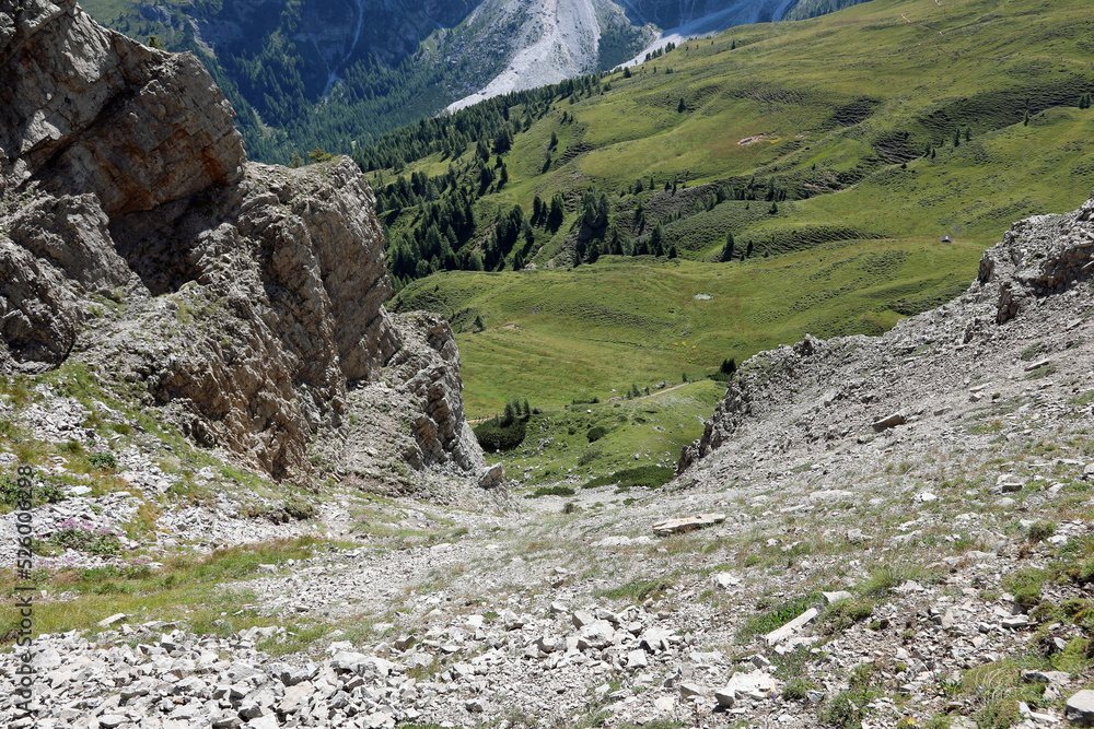 Obraz premium impervious and very steep path along a scree in the Italian Dolomites