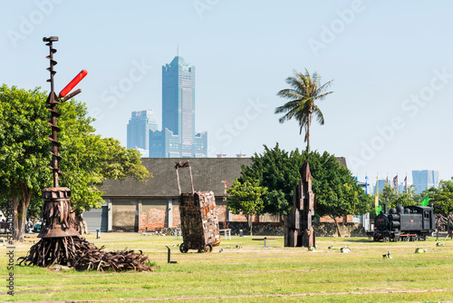 Beautiful view of the Hamasen Railway Cultural Park in Kaohsiung, Taiwan, Many installation arts and retired steam locomotives are displayed here.