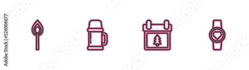 Set line Burning match with fire, Calendar tree, Thermos container and Smart watch showing heart beat rate icon. Vector