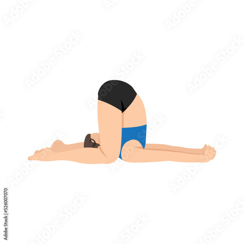 Young woman Ear Pressure Pose, Halasana Variation Knees to Floor, Deaf Mans Pose. Practice Karnapidasana. Flat vector illustration isolated on white background