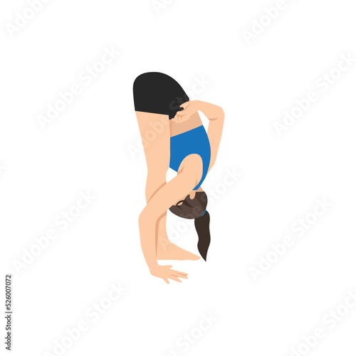 Young woman Half Bound Lotus Standing Forward Bend, Standing Forward Bend Half Bound Lotus Pose. Practice Ardha Baddha Padmottanasana. Flat vector illustration isolated on white background photo