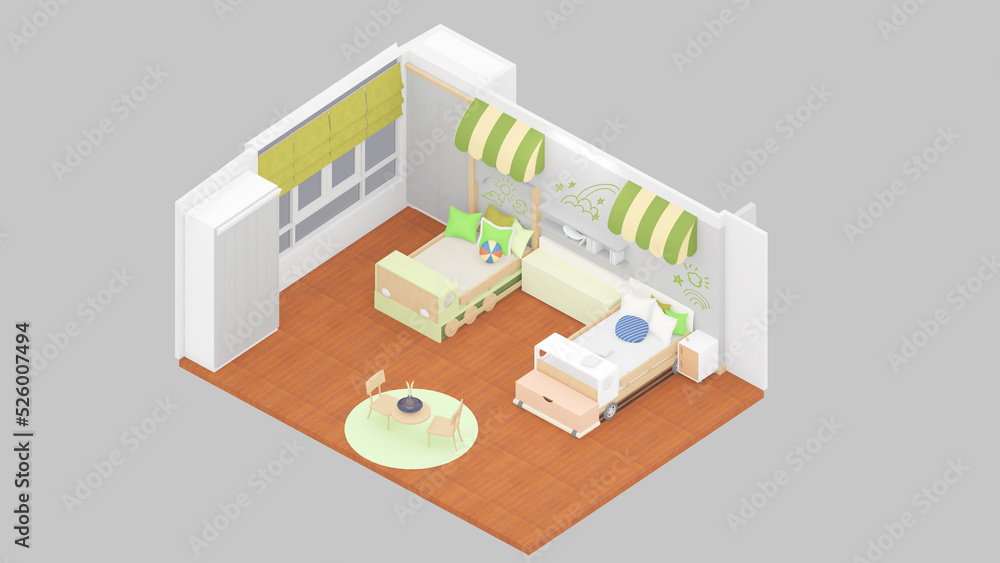 Fototapeta premium Isometric view children's bedroom with 2 beds, 3d rendering.