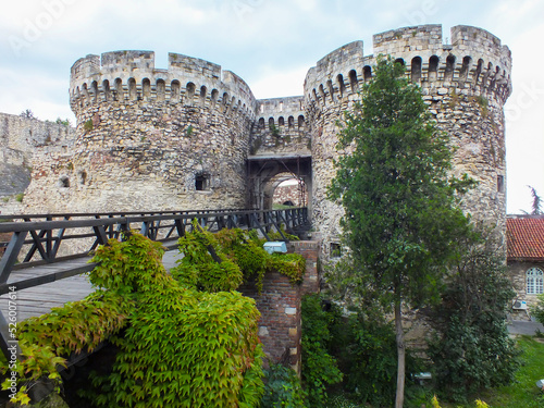 Belgrade's Kalemegdan Fortress with historic castle towers, gate and wooden bridge, Belgrade, Serbia.