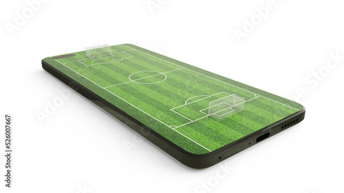 3d rendering of soccer field on mobile phone screen. Soccer pitch on smartphone screen isolated on white background. betting concept