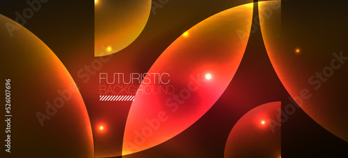 Abstract background with neon glowing light effects. Round shapes, triangles and circles. Wallpaper for concept of AI technology, blockchain, communication, 5G, science, business and technology