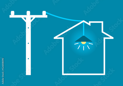 White high voltage power electric pole transmit electricity to city building home with hanging electric lightbulb lamp illuminated light on blue background icon flat vector design.