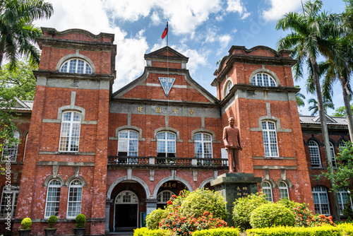 Building view of the Taipei Municipal Jianguo High School in Taiwan. The red brick building was built in 1909 during Japanese rule.