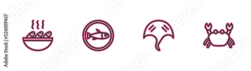 Set line Fish soup, Stingray, Served fish on plate and Crab icon. Vector