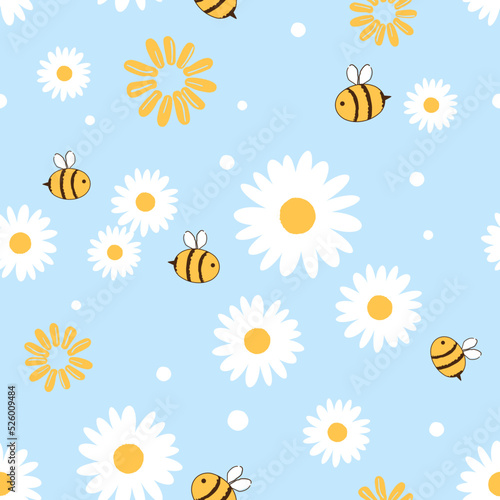 Seamless pattern with daisy flower and bee cartoons on blue background vector illustration.