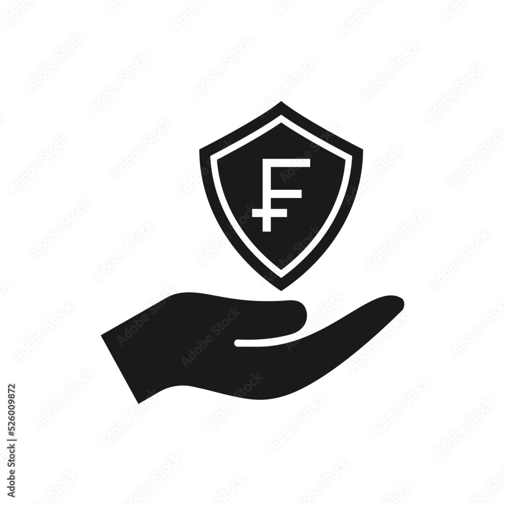 Franc sign with shield on hand. Money protection, secure payment flat icon isolated on white background. Vector illustration Franc sign with shield on hand. Money protection, secure payment flat icon isolated on white background. Vector illustration