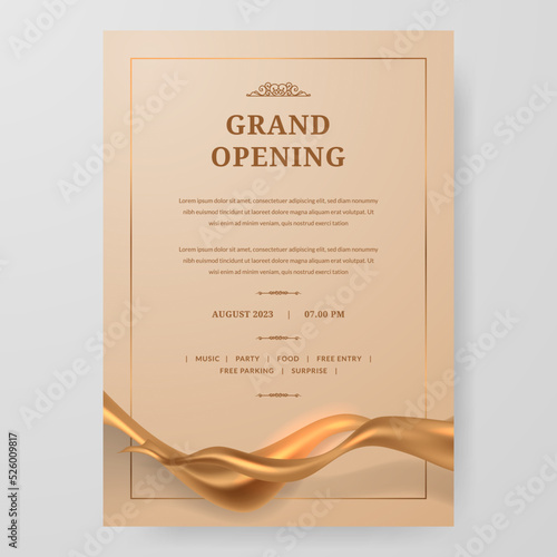 Grand Opening poster celebration with golden fabric satin gold silk ribbon element decoration for luxury elegant vip