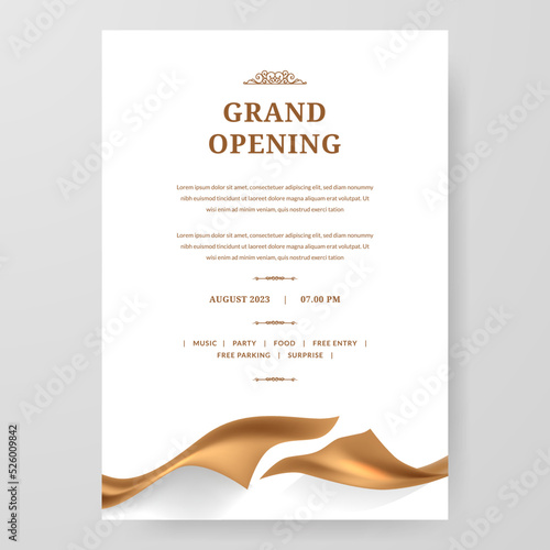 Grand Opening poster celebration with golden fabric satin gold silk ribbon element decoration for luxury elegant vip