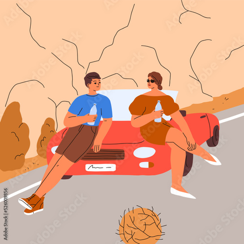 Couple during car travel on summer holiday. Stopover after road trip. Man and woman tourists stop to drink water, relax on auto hood, outside of convertible on vacation ride. Flat vector illustration