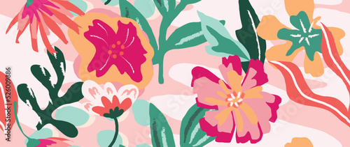 Abstract flower background vector. Colorful botanical wallpaper with organic shapes, leaf, flower, foliage. Seamless pattern design for wallpaper, prints, cover, fabric, wall art and home decor.