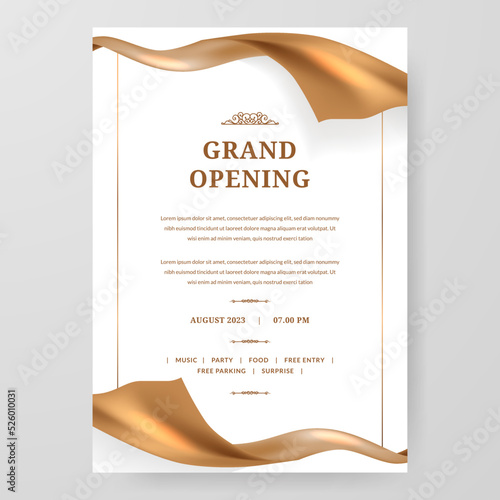 Grand Opening poster celebration with golden fabric satin gold silk ribbon element decoration for luxury elegant vip photo