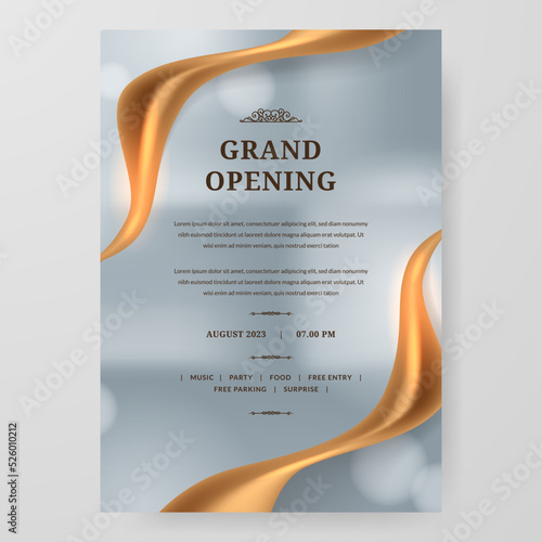 Grand Opening poster celebration with golden fabric satin gold silk ribbon element decoration for luxury elegant vip