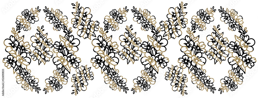 Flowers pattern, gold and black colours. Holiday, Christmas, celebration, Birthday, art style, wedding template. Ornaments, decor.