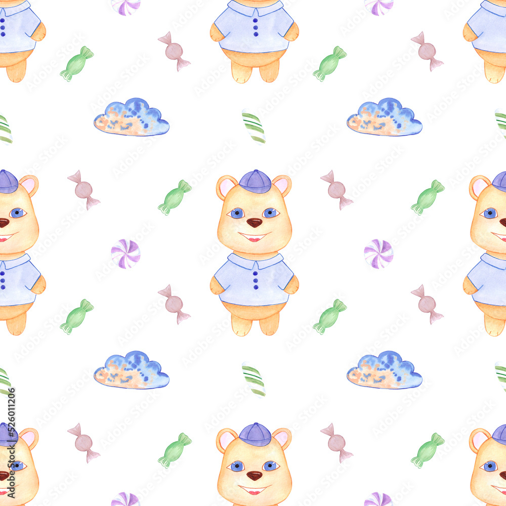 Handdrawn watercolor bear seamless pattern children's textile. Scrapbook design, typography poster, label, banner, post card. Handdrawn watercolor bear seamless pattern children's textile. Scrapbook design, typography poster, label, banner, post card.