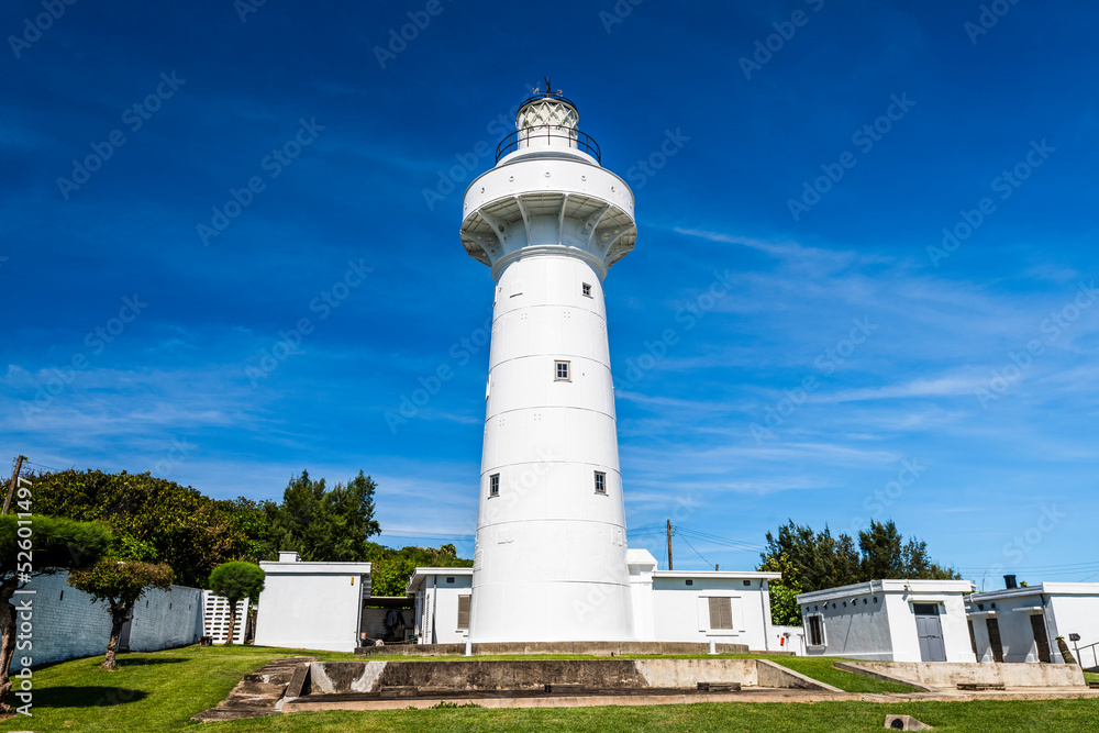 Close-up of white Eluanbi Lighthouse with the blue sky background