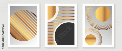 Set of abstract wall art background vector. Luxury wall decoration design with gold foil texture, geometric, gradient, circle shapes. Design for interior, prints, cover, and postcard, wallpaper.