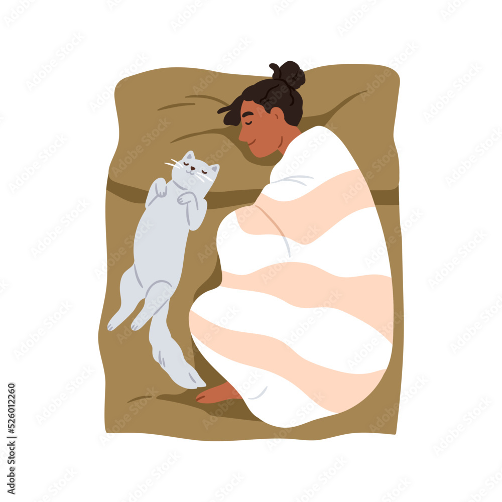 Woman and cute cat sleeping together, top view. Girl asleep in fetal