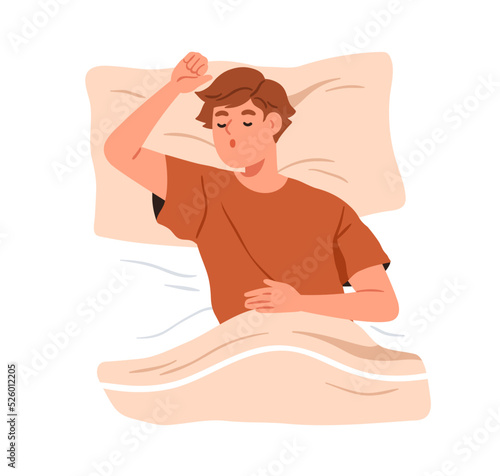 Deep sleep of person in bed, top view. Boy asleep, lying on soft pillow under duvet. Teenager sleeper in sleepwear relaxing, dreaming at night. Flat vector illustration isolated on white background