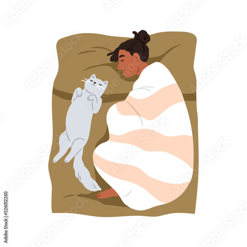 Woman and cute cat sleeping together, top view. Girl asleep in fetal pose in bed. Happy person, kitty owner wrapped in blanket dreaming. Flat graphic vector illustration isolated on white background
