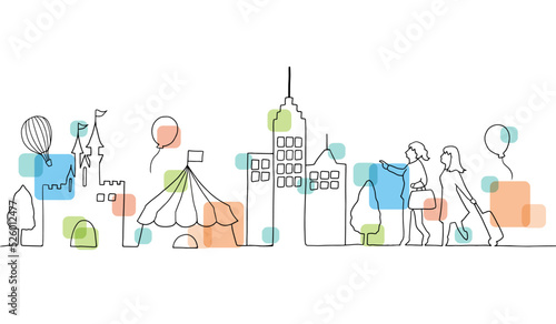 旅行をする女性二人と街並みの線画イラスト　色付き