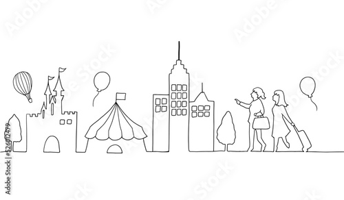 旅行をする女性二人と街並みの線画イラスト