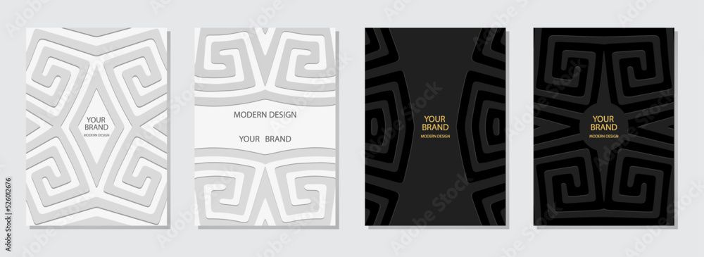 Cover set, vertical templates. Collection of embossed white and black backgrounds with 3d pattern, geometric ethnic unique texture. Greek ornament, meander. - obrazy, fototapety, plakaty 