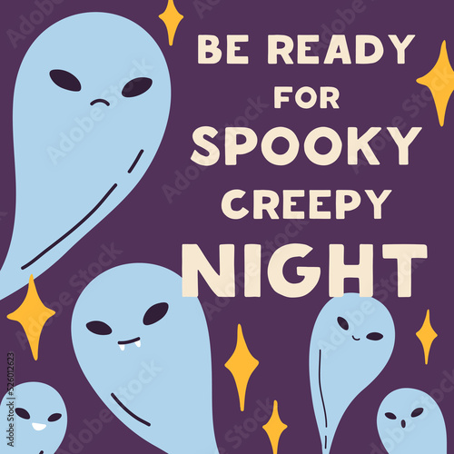 Halloween card design with scary spooky ghosts floating. October holiday back...