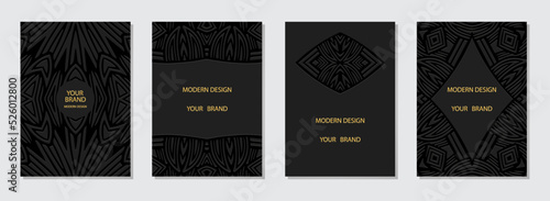 Set of ethnic covers, vertical vintage templates. Collection of embossed black backgrounds with 3d pattern, space for text. Tribal decorative design of East, Asia, India, Mexico, Aztec, Peru.