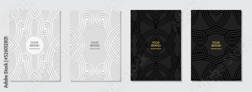 Set of ethnic covers, vertical geometric templates. Collection of embossed backgrounds with 3D pattern, place for text. Tribal decorative design of East, Asia, India, Mexico, Aztec, Peru. 