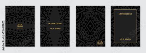 Set of ethnic covers, vertical abstract templates. Collection of embossed black backgrounds with 3d pattern, space for text. Tribal decorative design of East, Asia, India, Mexico, Aztec, Peru.