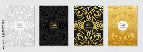 Set of ethnic covers, vertical templates. Collection of embossed black, gold, white backgrounds with 3d pattern, space for text. Tribal decorative design of East, Asia, India, Mexico, Aztec, Peru.