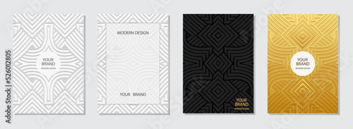 Set of ethnic covers, vertical templates. Collection of embossed geometric backgrounds with 3d pattern, space for text. Tribal art decorative design of East, Asia, India, Mexico, Aztec, Peru.