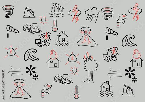 hand drawn outline natural disaster doodle icon .climate change illustration