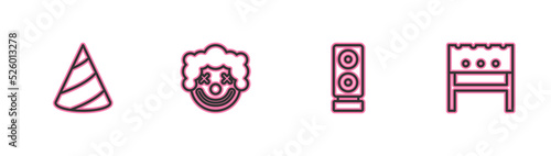 Set line Party hat, Stereo speaker, Clown head and BBQ brazier icon. Vector