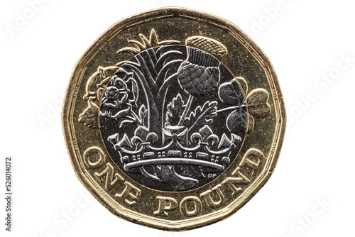 New one pound coin of England UK introduced in 2017 which show emblems of each of the nations, png stock photo file cut out and isolated on a transparent background photo